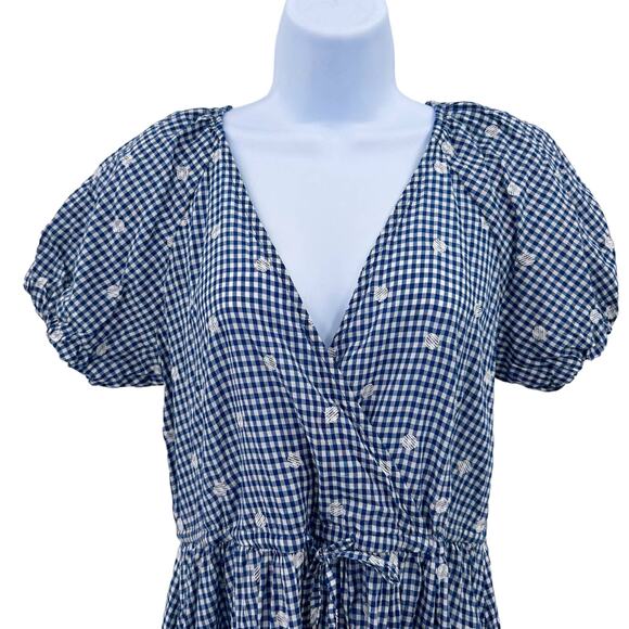 Madewell Blue White Faux Wrap Embroidered Gingham Check Midi Dress XXS Tie Waist - Picture 5 of 12